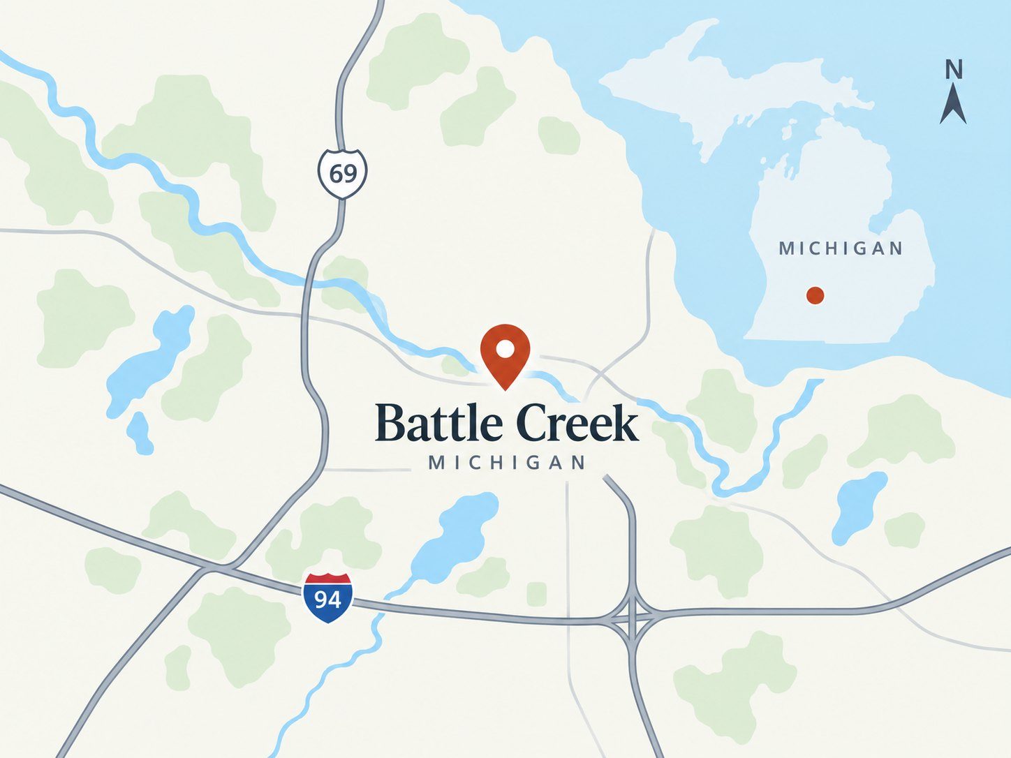 Map of the Battle Creek area, with Michigan inset