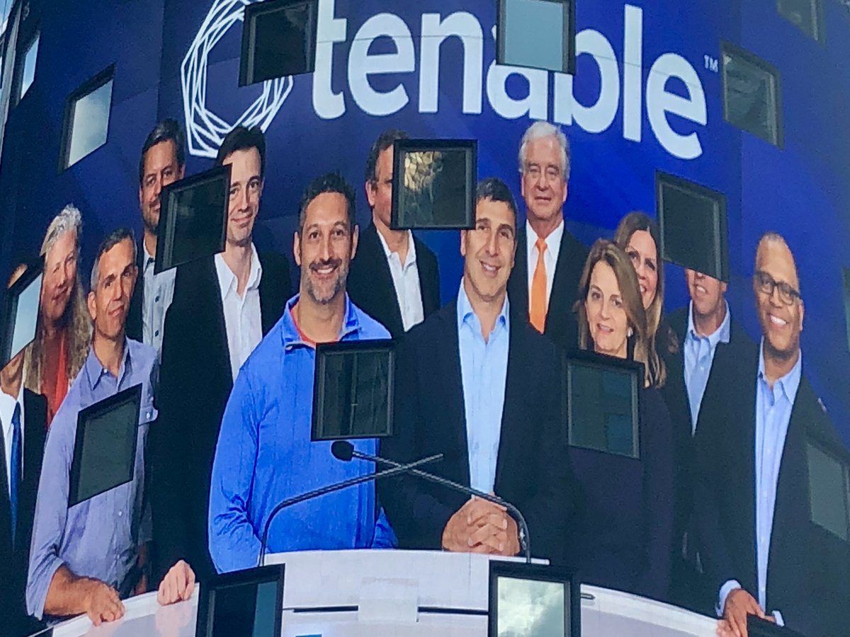 The Tenable team on the Nasdaq tower on IPO day