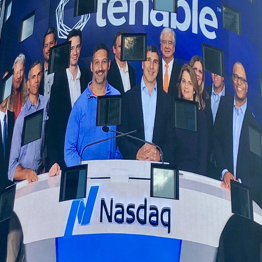 The Tenable team on the Nasdaq tower on IPO day