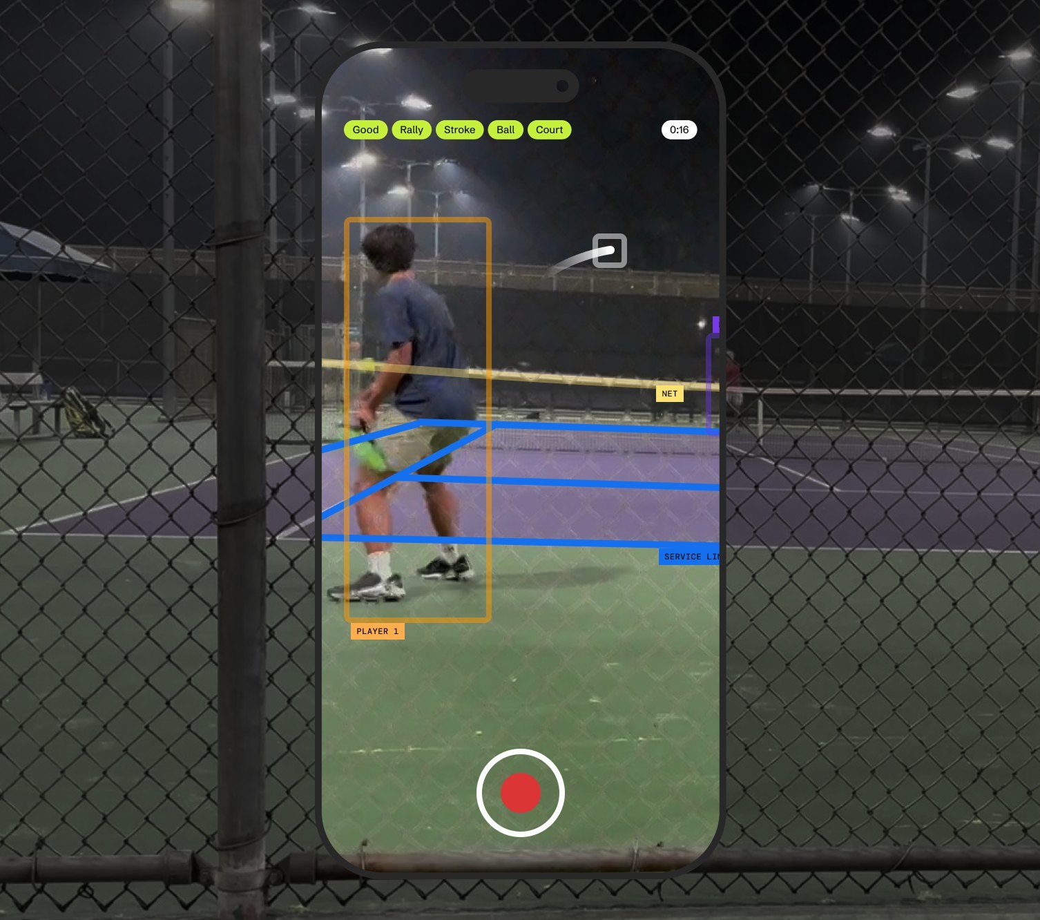 TNNS HEAD recording a night rally, tracking the player, ball, net and court lines